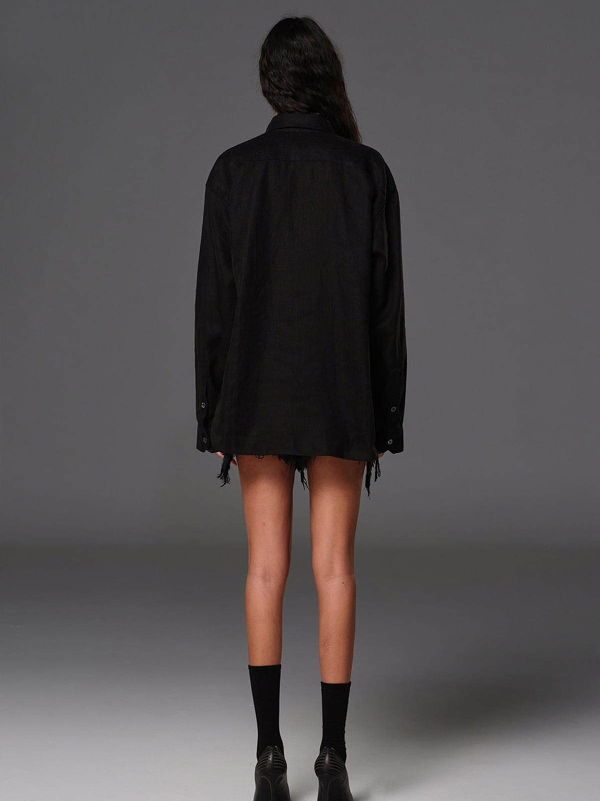 SMFK Long Sleeve Linen Button Down in Black - On Model
