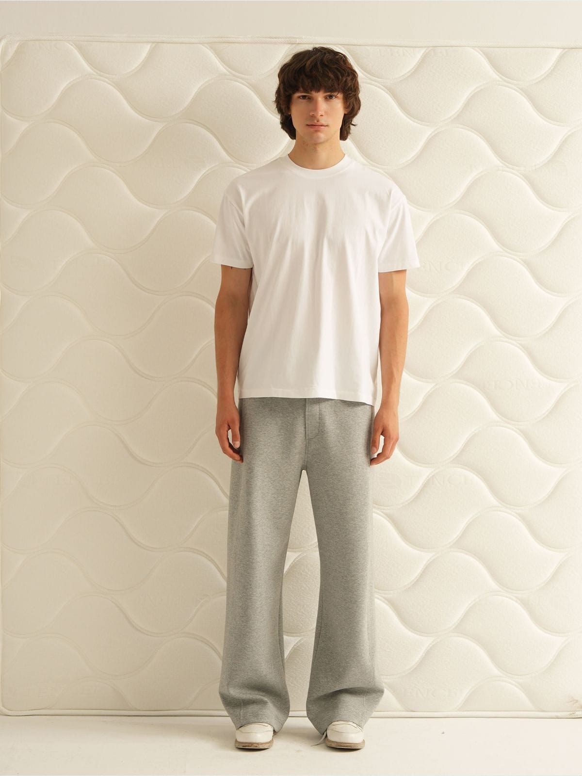 Retro21 Tubular Knit Brushed Cotton T Shirt in White - On Male Model