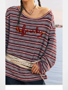 BeerBro Striped Off Shoulder Long Sleeve Tee in Red - On Female Model