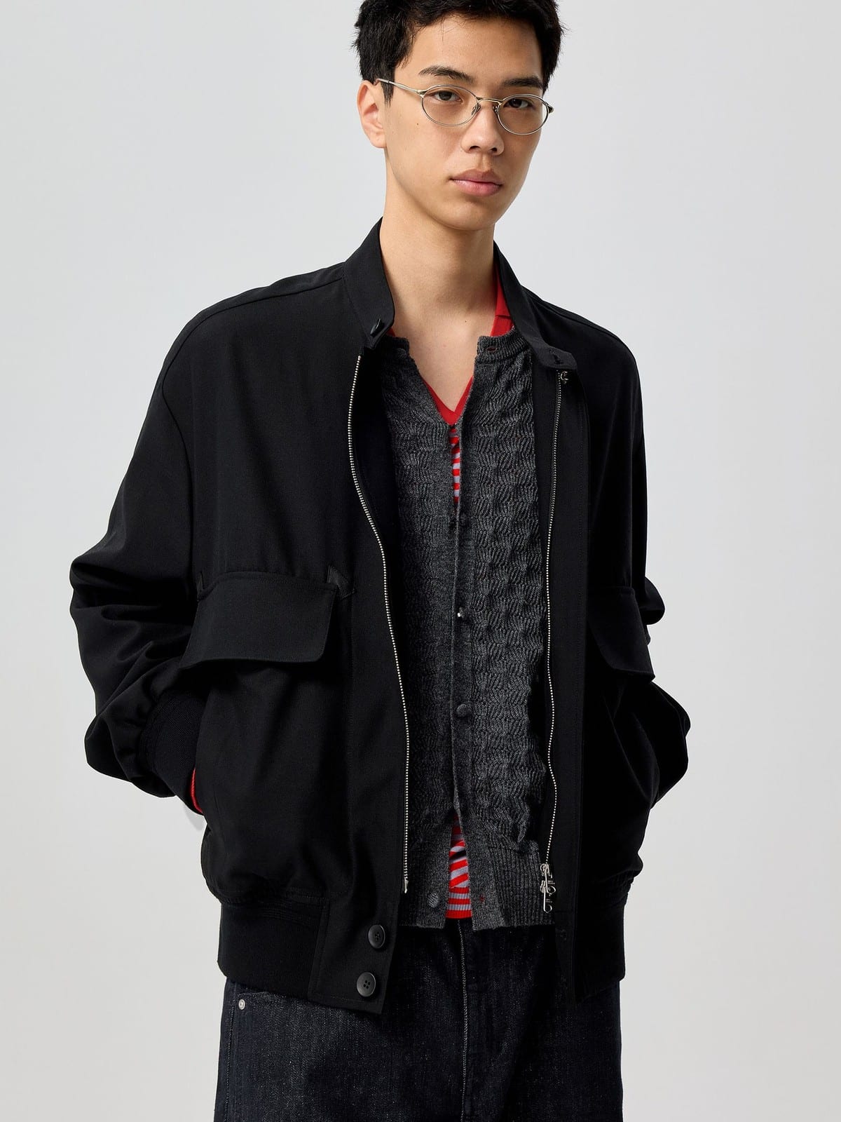 SIMPLE PROJECT Band Collar Worsted Wool Bomber Jacket in Black - On Male Model