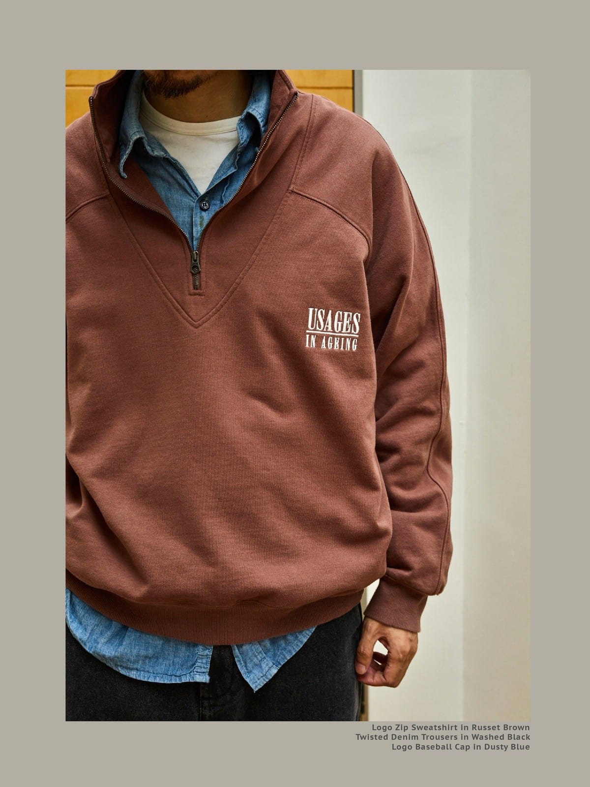 USAGE Heavyweight Cotton Half Zip Sweatshirt in Brown - On Male Model