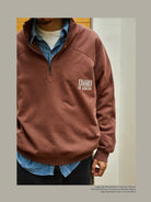 USAGE Heavyweight Cotton Half Zip Sweatshirt in Brown - On Male Model