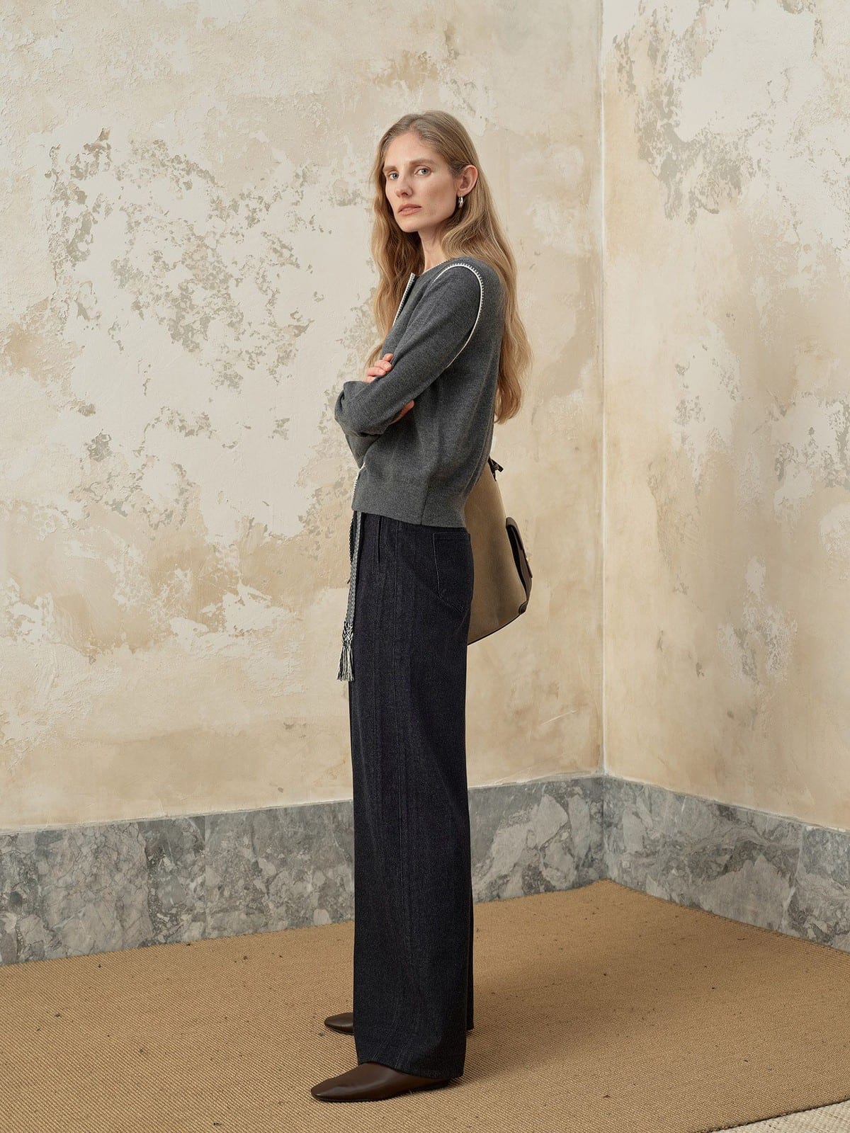 TEASEL Wide Leg Raw Denim Jeans with Braided Belt in Blue - On Female Model