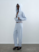 RARELY ALIKE Graphic Cropped Zip Up Hoodie in Sky Blue - On Female Model