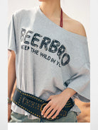 BeerBro Oversized Off Shoulder Graphic Tee in Heather Gray - On Female Model