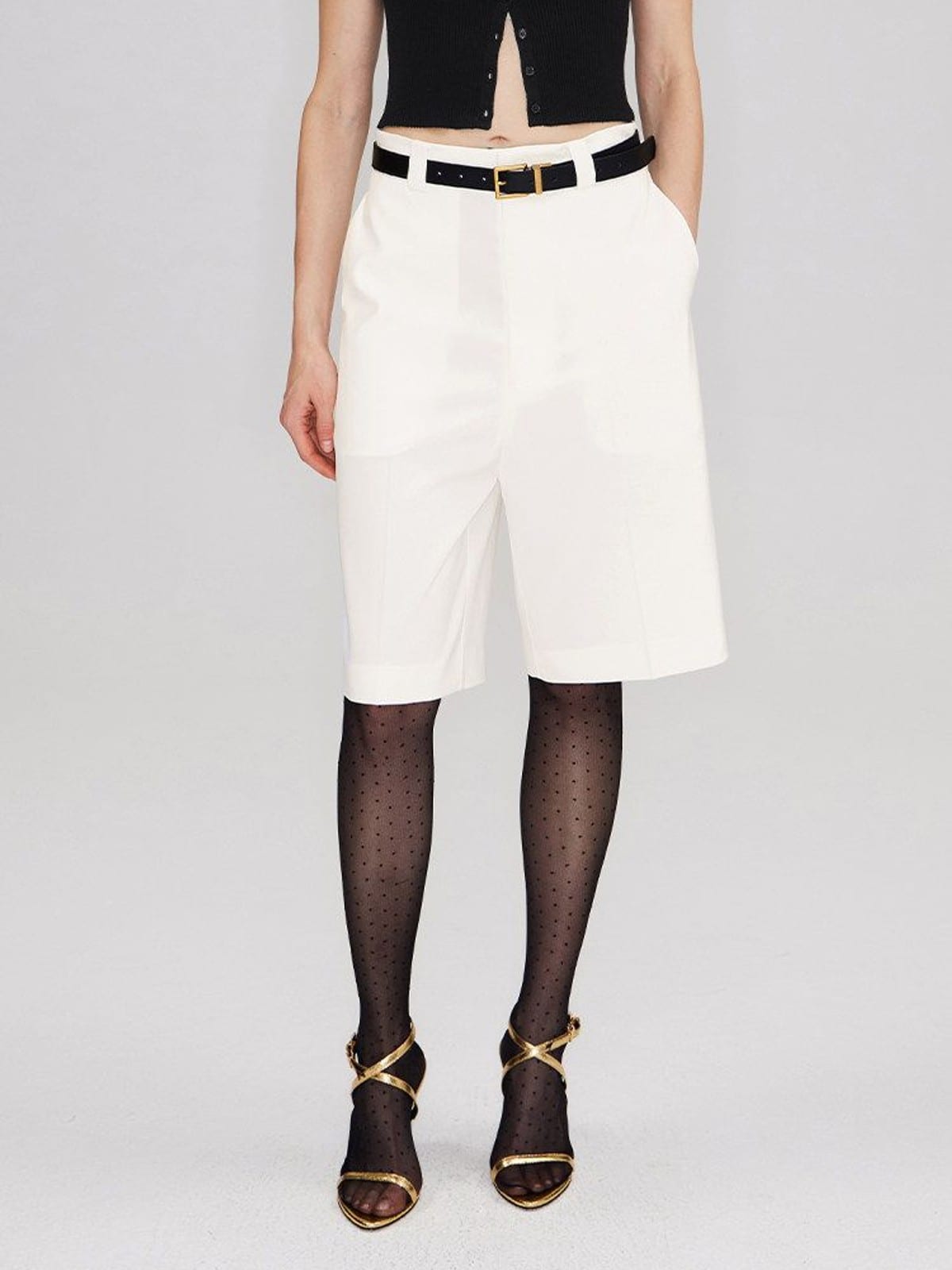 RARELY ALIKE Tailored Bermuda Shorts in White - On Female Model
