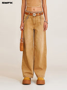 SMFK Distressed Dirty Wash Wide Leg Jeans in Brown - On Female Model