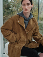MSBEAST Drawstring Sheep Leather Jacket in Beige - On Female Model
