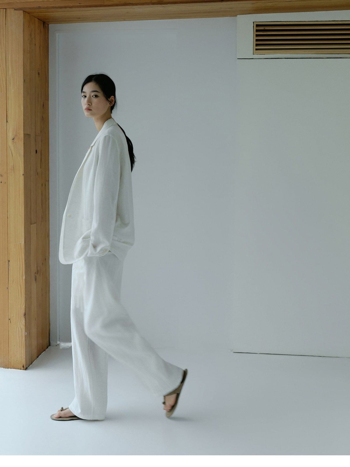TEASEL Linen Blend Blazer Wide Leg Pants Set in White - On Female Model