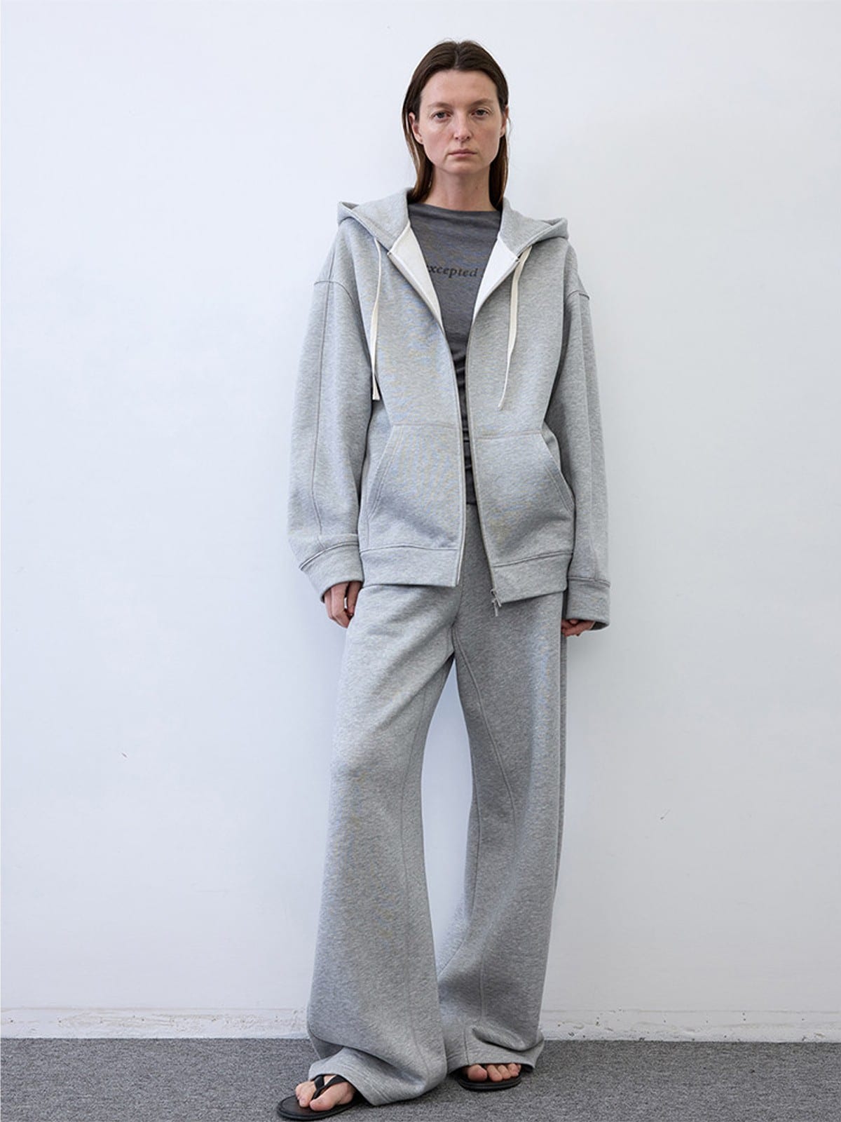Random Piece Cotton Lyocell Zip Up Hoodie in Gray - On Female Model