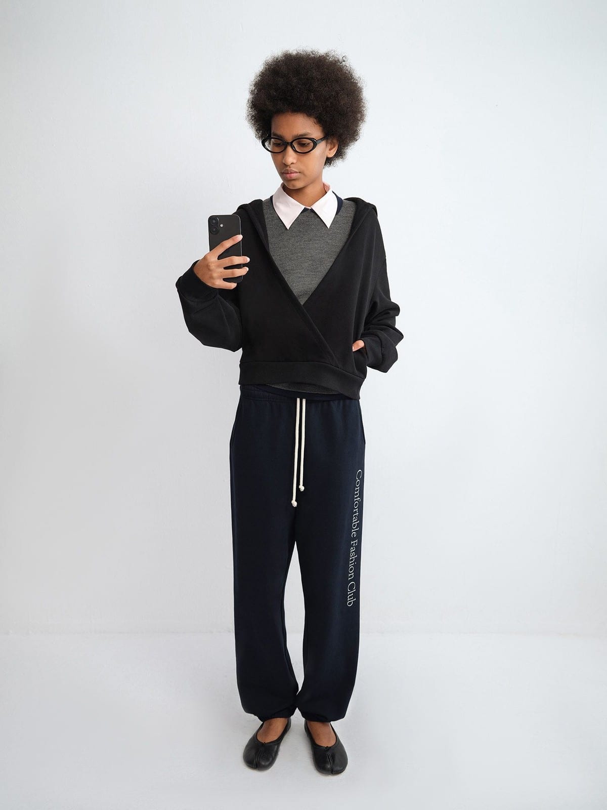 RARELY ALIKE Cotton V Neck Wrap Hoodie in Black - On Model