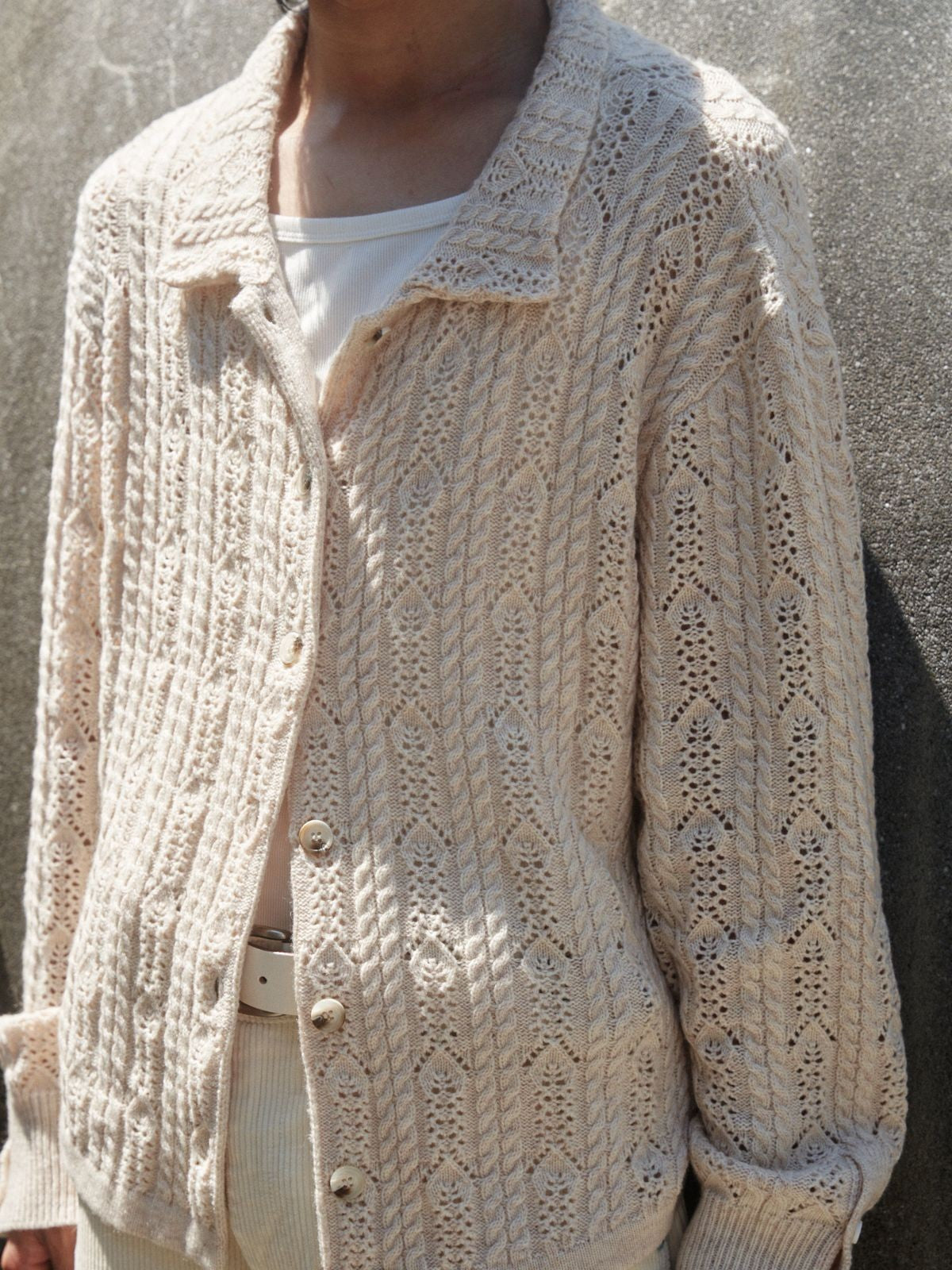 Retro 21 Openwork Wool Knit Cardigan Shirt in Apricot - On Female Model