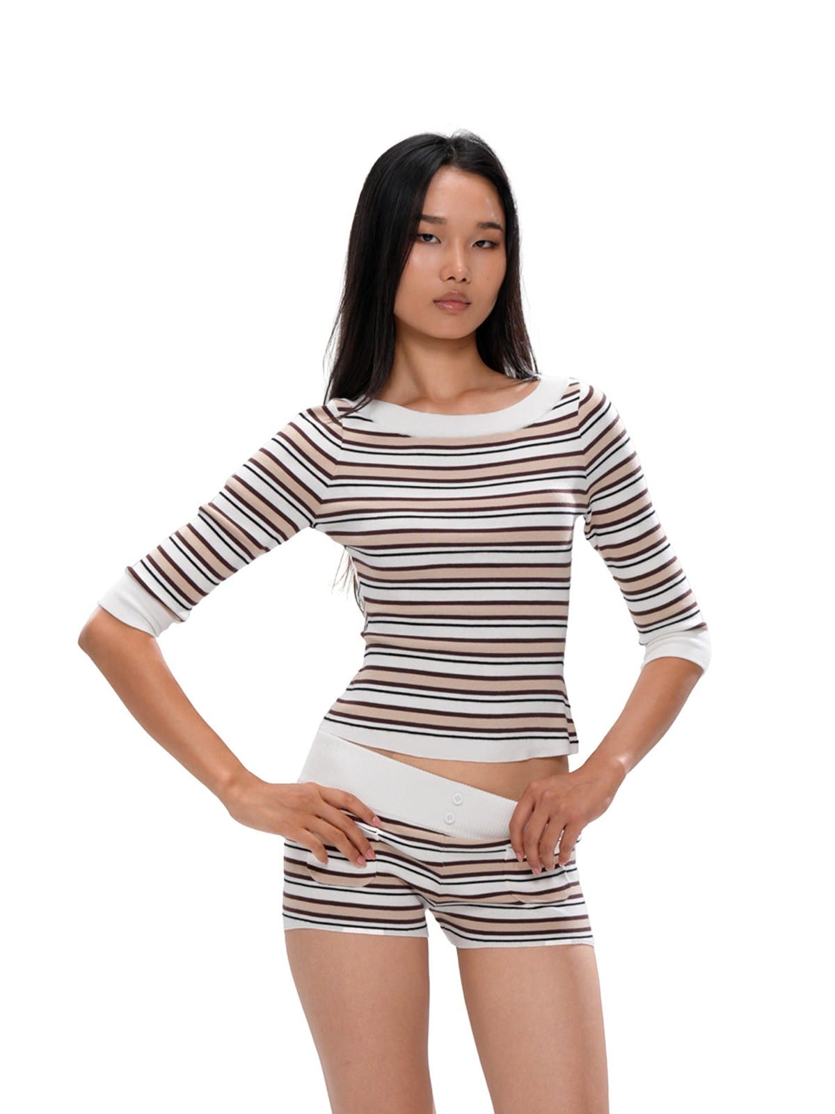 SweetChilling Striped Boat Neck Knit Top in Brown - On Female Model