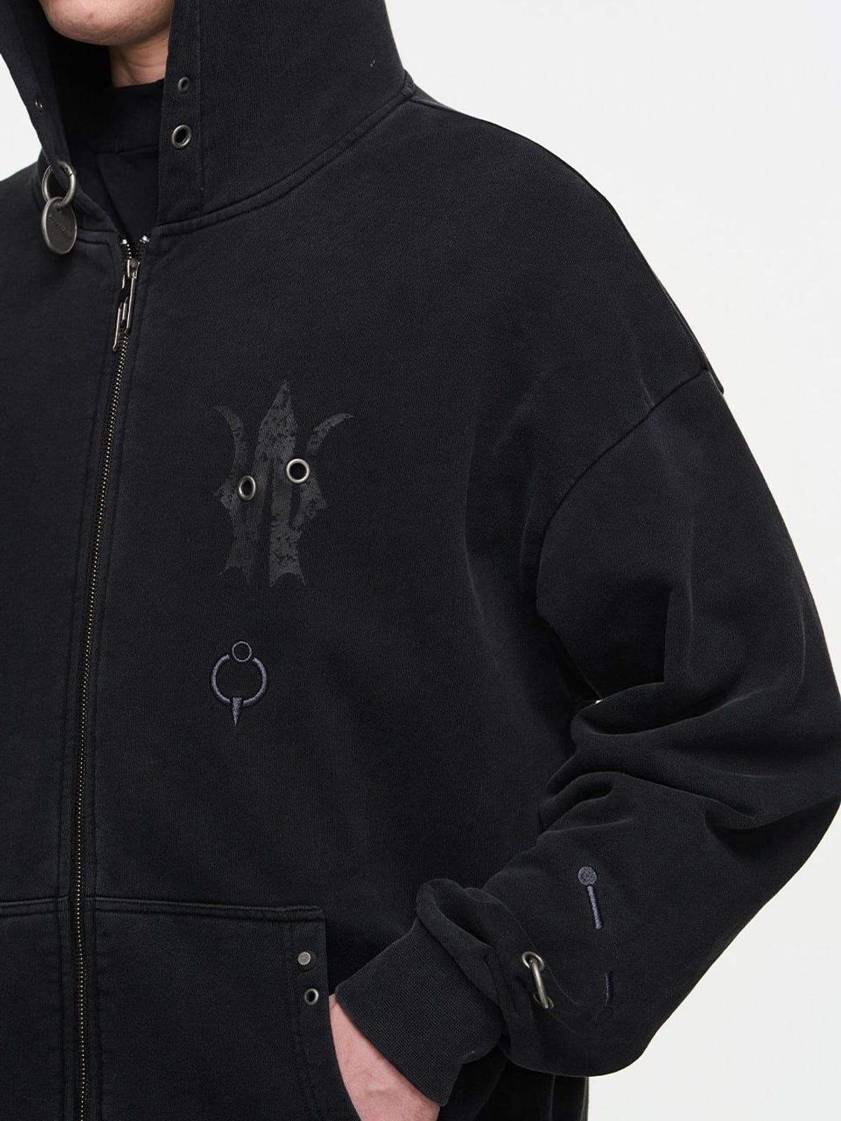 BLINDNOPLAN Washed Distressed Graphic Zip Hoodie in Black - On Male Model