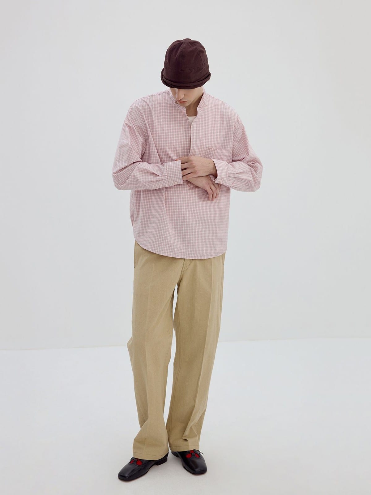 SIMPLE PROJECT Half Placket Plaid Popover Shirt in Pink - On Male Model