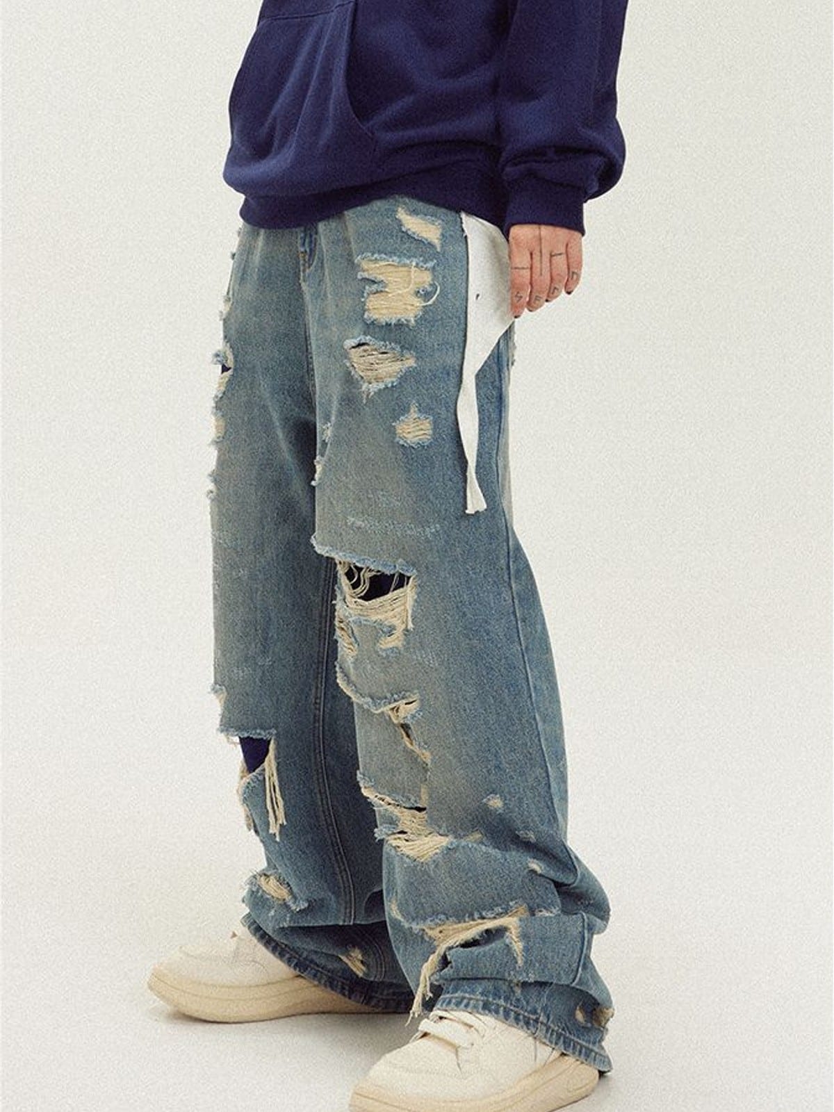 LOSTCTRL Heavy Distressed Double Layer Jeans in Blue - On Model