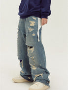 LOSTCTRL Heavy Distressed Double Layer Jeans in Blue - On Model