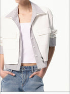 RARELY ALIKE Striped Mock Layer Cropped Jacket in White - On Female Model