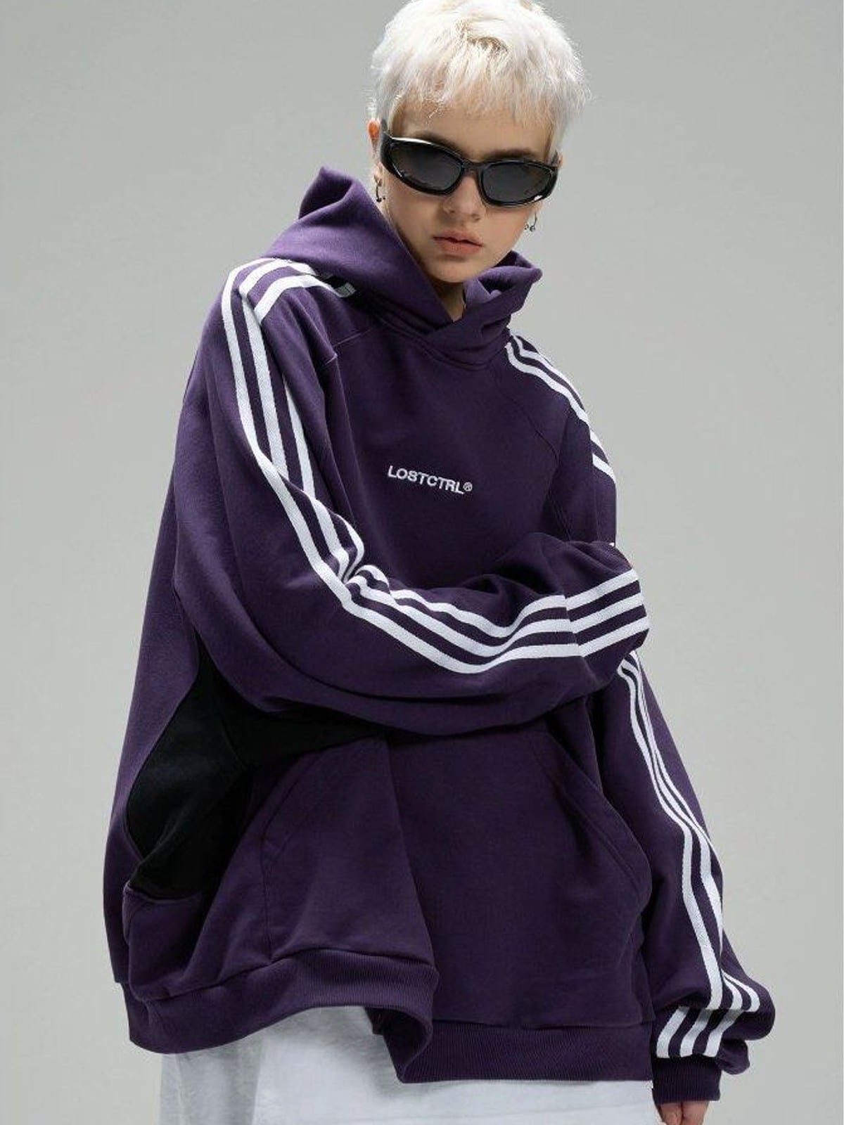 LOSTCTRL Three Stripe Cotton Hoodie in Purple - On Female Model