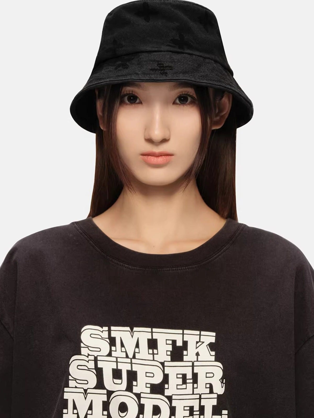 SMFK Distressed Frayed Denim Bucket Hat in Black - On Female Model