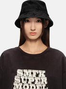 SMFK Distressed Frayed Denim Bucket Hat in Black - On Female Model