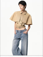 RARELY ALIKE Modal Blend Cape Trench Jacket in Beige - On Female Model