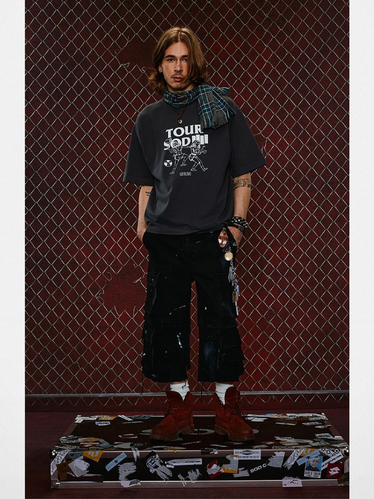 SOD Vintage Wash Tour Graphic T Shirt in Gray - On Male Model