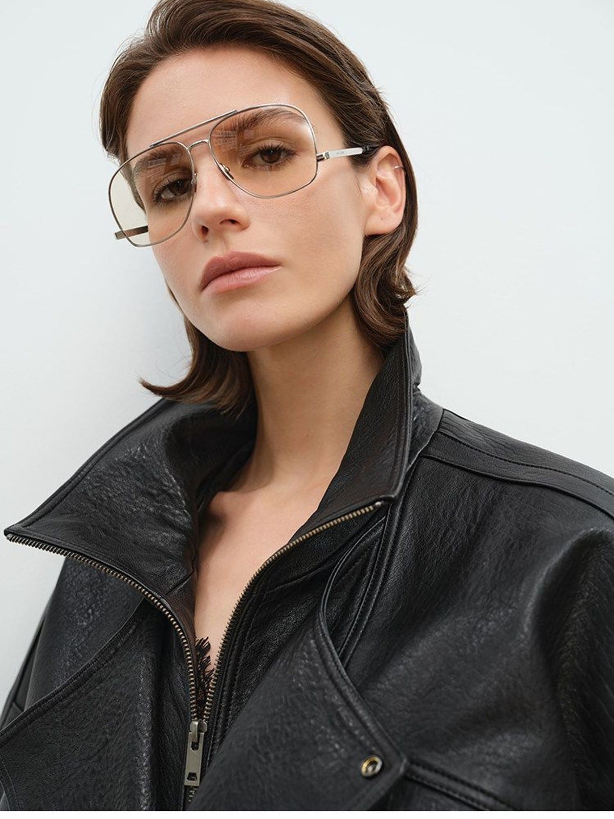 MSBEAST Stand Collar Textured Leather Jacket in Black - On Female Model