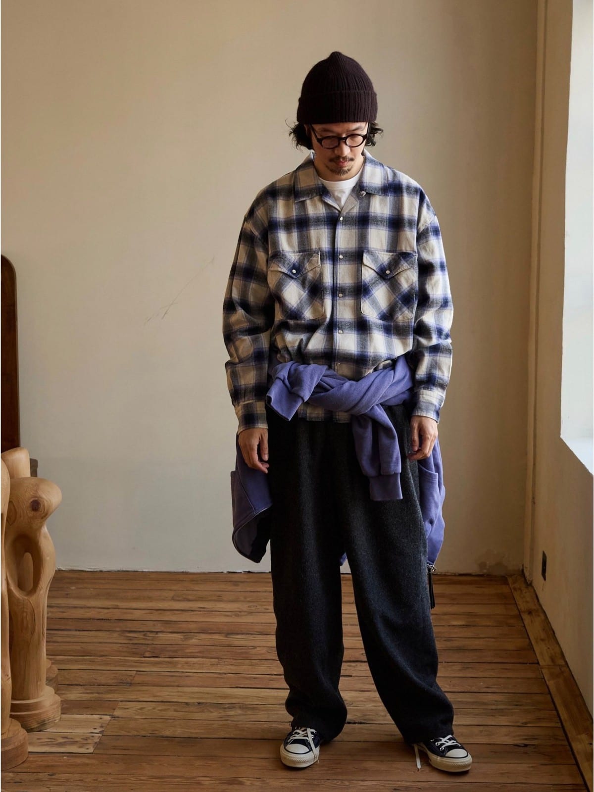 USAGE Brushed Plaid Western Shirt in Purple - On Male Model