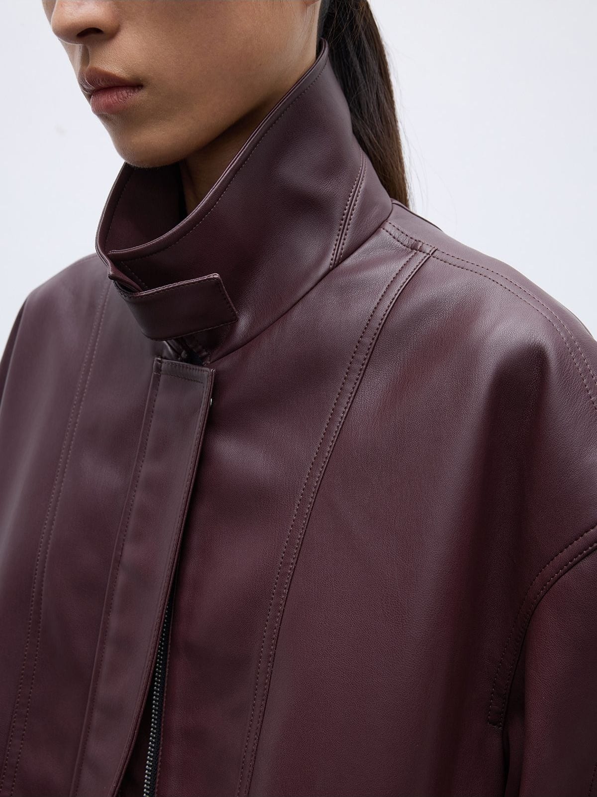 Random Piece Drop Shoulder Matte Faux Leather Jacket in Burgundy - On Female Model