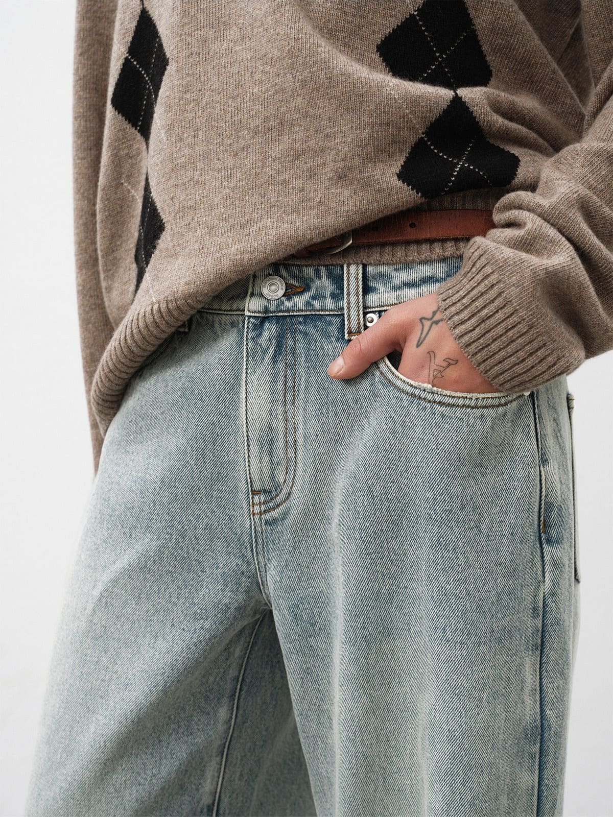 Random Piece Washed Cotton Twill Straight Jeans in Light Blue - On Model