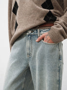 Random Piece Washed Cotton Twill Straight Jeans in Light Blue - On Model