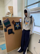 NeverSeez Star Patchwork Raw Edge Hoodie in Off-White - On Male Model