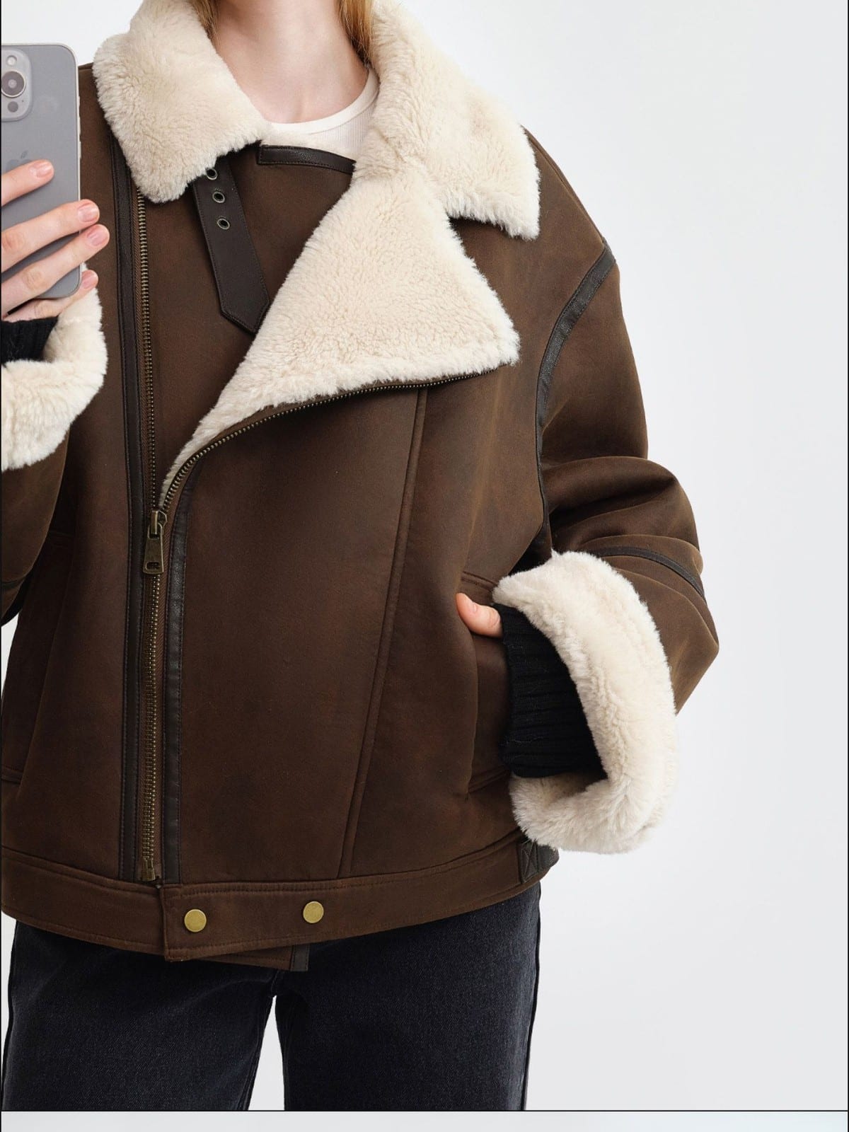 RARELY ALIKE Oversized Faux Shearling Lapel Jacket in Brown - On Female Model