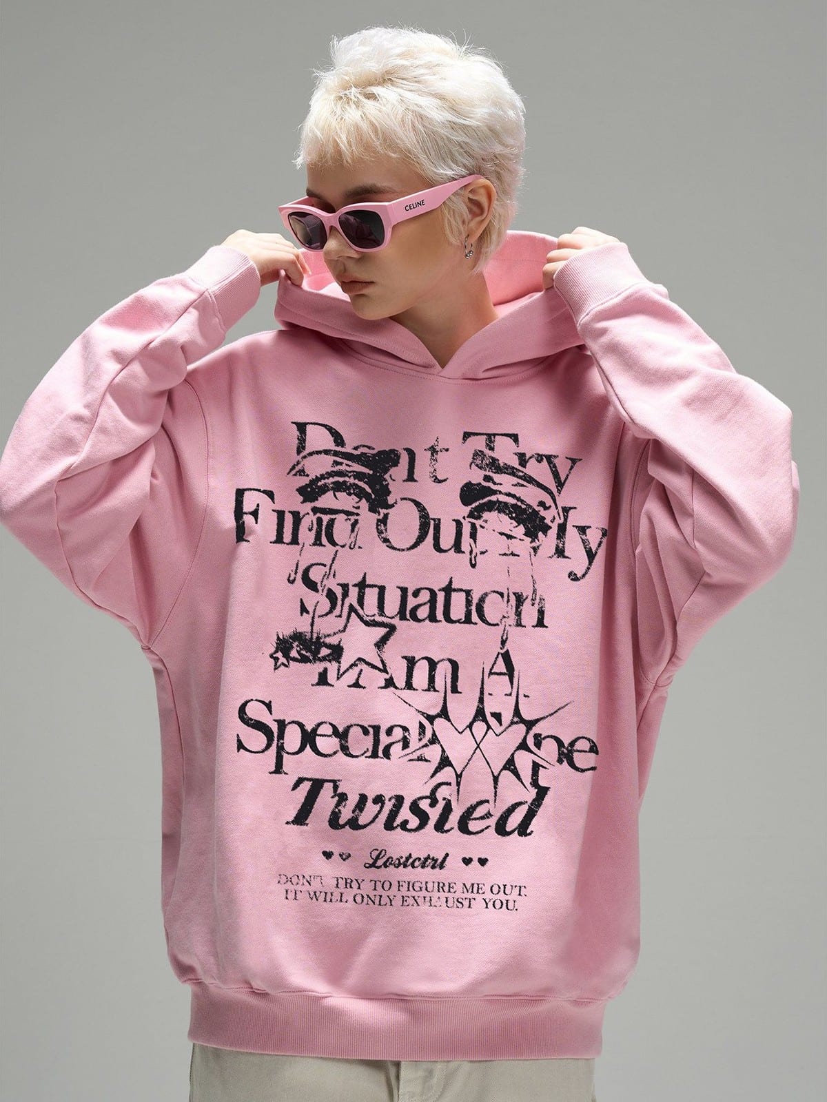 LOSTCTRL Graphic Print Fleece Hoodie in Pink - On Female Model
