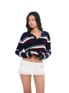 SweetChilling Striped Wool Blend Polo Sweater in Navy Blue - On Female Model