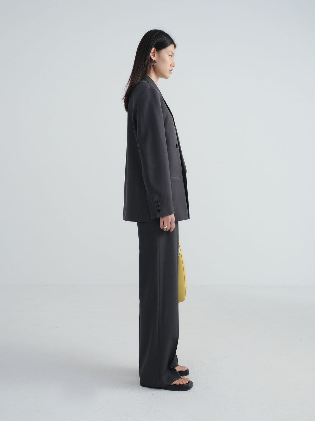Random Piece Merino Wool Straight Leg Trousers in Gray - On Female Model