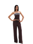 SweetChilling Applique Contrast Trim Bandeau Top in Brown - On Female Model