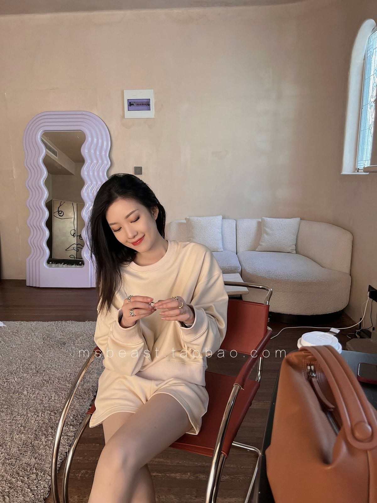 MSBEAST Cotton Crewneck Sweatshirt Set in Yellow - On Female Model