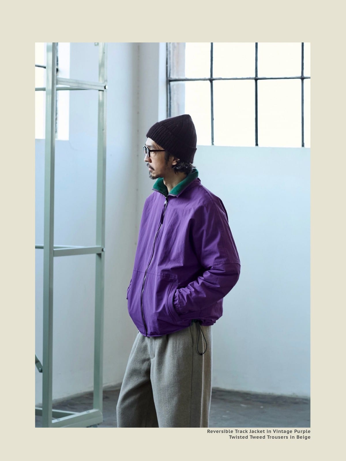USAGE Reversible Nylon Fleece Track Jacket in Purple - On Male Model