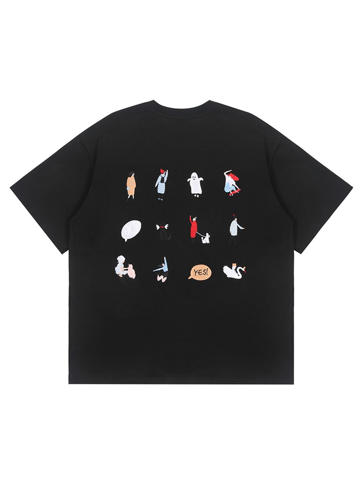LOSTCTRL Cartoon Embroidery Cotton T Shirt in Black
