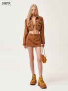SMFK Vintage Wash Denim Mini Skirt in Brown - On Female Model