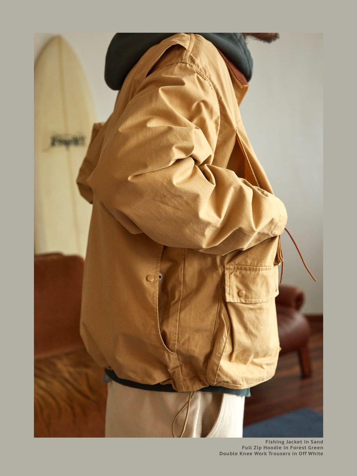 USAGE Corduroy Collar Cotton Fishing Jacket in Beige - On Male Model