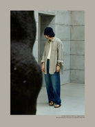 USAGE Crinkled Cotton Striped Button Down in Beige - On Male Model