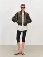 MSBEAST Double Zip Cropped Sheepskin Leather Jacket in Brown - On Female Model