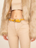 SMFK Cross Totem Hand Burnished Leather Belt in Mustard - On Female Model