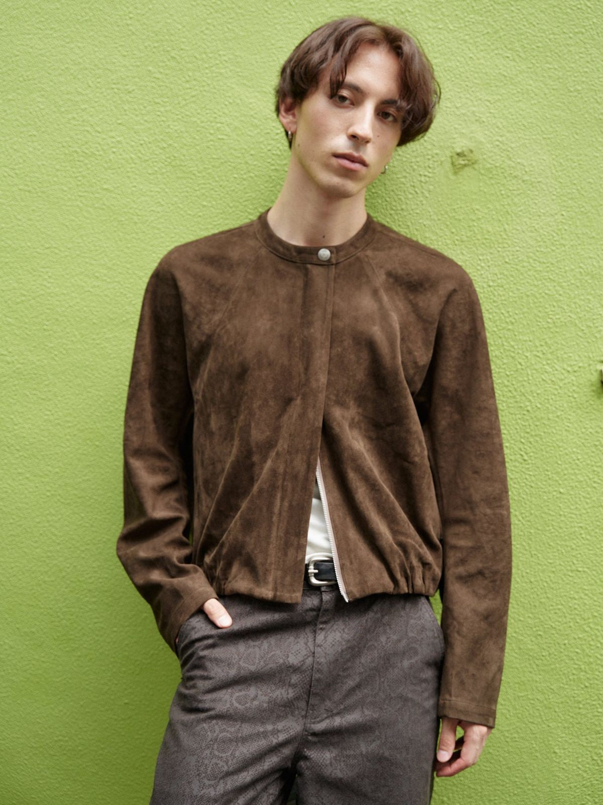Retro 21 Faux Suede Batwing Balloon Jacket in Brown - On Male Model