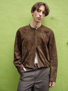 Retro 21 Faux Suede Batwing Balloon Jacket in Brown - On Male Model