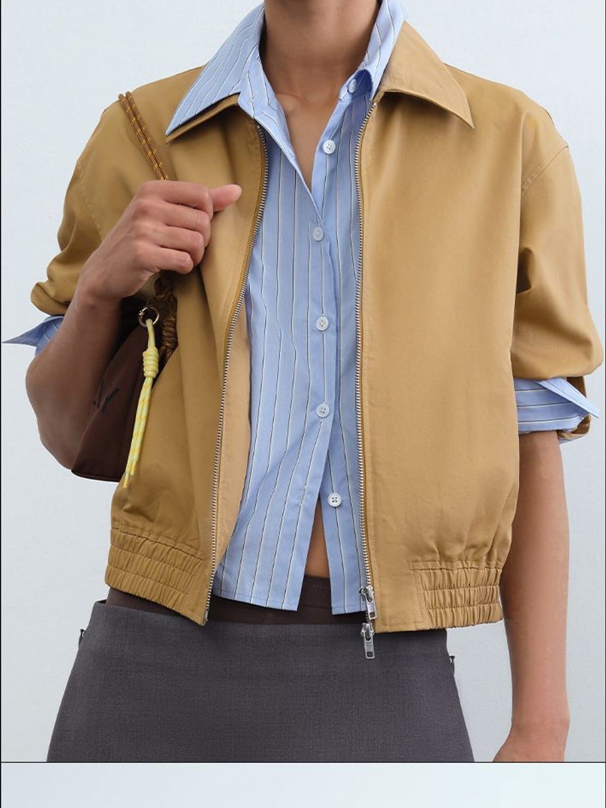 RARELY ALIKE Mock Layer Striped Cropped Jacket in Beige - On Model