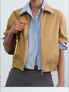 RARELY ALIKE Mock Layer Striped Cropped Jacket in Beige - On Model